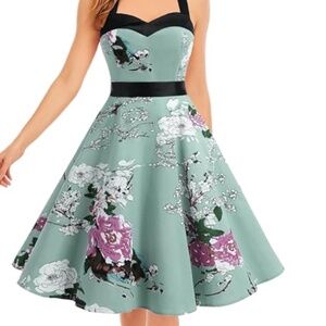 Floral 1950s Vintage Cocktail Party Retro rockabilly Halter Dress by Dress Tells